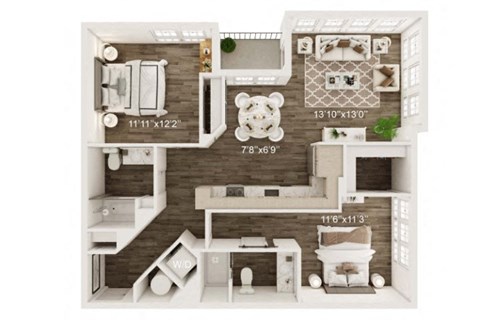 Floor plan for 2 beds, 2 baths, 1047 sqft